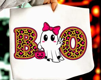 Pink Leopard Ghost PNG: Coquette Bow Halloween Clipart, Spooky Season Sublimation