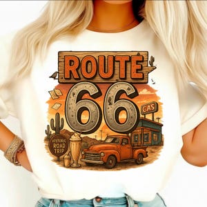 Route 66 PNG – Retro Gas Station & Classic Car Sublimation Design with Cactus