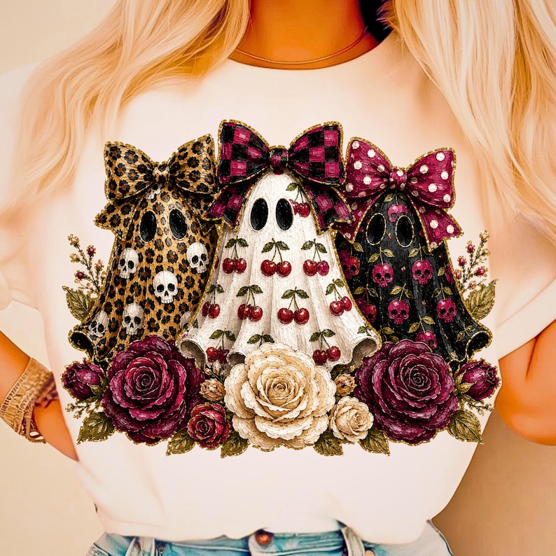 May include: A white t-shirt featuring a graphic of three ghosts wearing large bows. The left ghost has a leopard print with skulls, the center ghost has a cherry pattern, and the right ghost has a black and pink skull print. Deep red roses sit below.