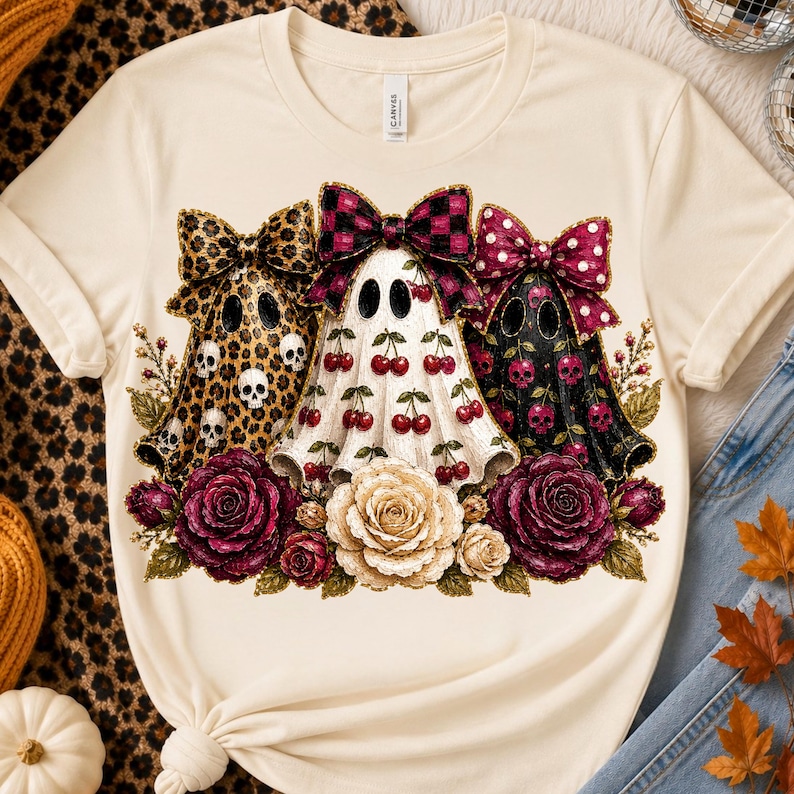 May include: A cream-colored t-shirt featuring a graphic of three ghosts wearing large bows. The left ghost has a leopard print with skulls, the center ghost has a cherry pattern, and the right ghost has a black cherry and skull print. Deep red and cream roses are at the base.