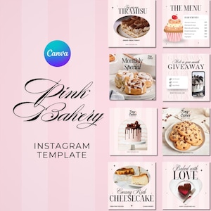ベーカリー向けInstagramテンプレート｜ピンク＆ホワイトのCanvaソーシャルメディア投稿｜即時デジタルダウンロード