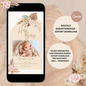 Anuncio de nacimiento digital con imagen | Tarjeta electrónica personalizable Tarjeta de nacimiento de WhatsApp | Tarjeta de nacimiento celular | Plantilla Canva | Hola bebe | bohemia