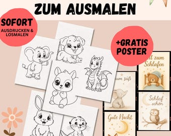 50 páginas para colorear para niños + 4 pósteres | Dibujos de animales para colorear | Libro para colorear en PDF | Dibujos para colorear imprimibles | Dibujos para colorear en PDF | Plantillas para colorear
