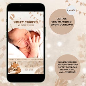 Annonce de naissance numérique avec vidéo | Carte de naissance WhatsApp e-card personnalisable | Carte de naissance mobile | Modèle Canva | bonjour bébé