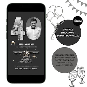 Convite Digital 40º Aniversário| 40 anos | convite customizável do WhatsApp com cartão eletrônico | Celular convite de aniversário | aniversário de 40 anos