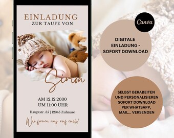May include: A digital invitation for a baby's christening. The invitation features a photo of a baby sleeping with a teddy bear. The text on the invitation reads "Einladung zur Taufe von", "Sivron", "AM 12.12.2030 UM 11:00 UHR", "Hauptstr. 35 | 12345 Zuhause", and "Wir freuen uns auf euch!"