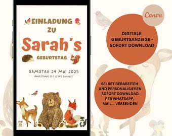 Invitación Digital Animales del Bosque | Cumpleaños infantil | invitación de WhatsApp con tarjeta electrónica personalizable | Invitación de cumpleaños celular | Cumpleaños