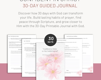 May include: A 30-day guided journal titled "Confident in Christ" with a floral design. The journal includes daily scriptures, reflections, and prompts to strengthen faith. The cover features pink flowers and the text "30 Days".
