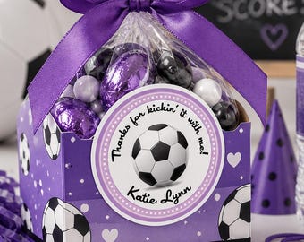 Custom Soccer Birthday Stickers, Girls Soccer Labels, Personalized Party Favors, Sports Team Stickers, Purple Soccer Ball, Set of 36