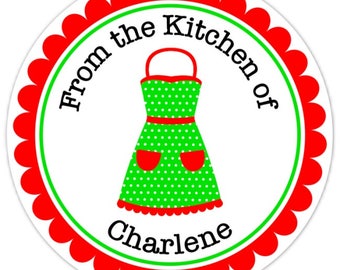 From The Kitchen Custom Labels, Cute Red and Green Apron Stickers - 2.5 inch round - Personalized for YOU