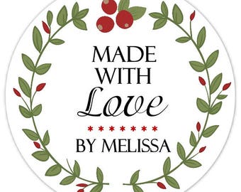 Made With Love Custom Labels, Green Ivy and Red Berry Stickers - 2.5 inch round - Personalized for YOU