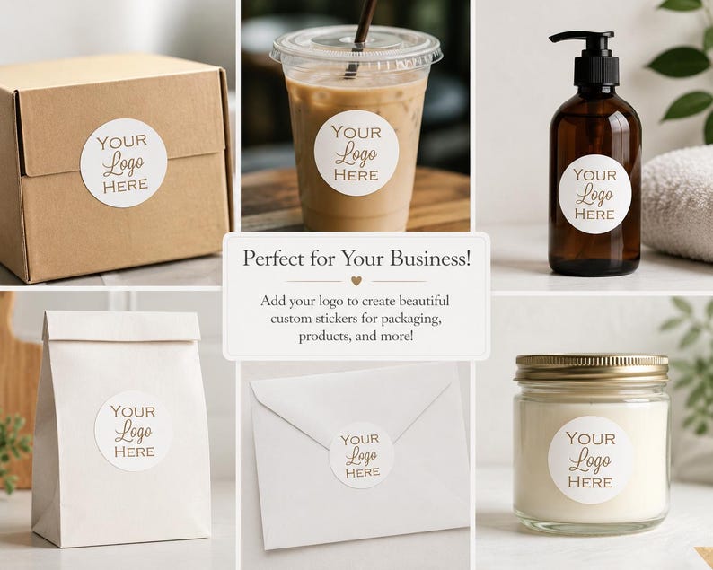 Op de afbeelding: Een collage van productafbeeldingen met ronde witte stickers met de tekst 'YOUR Logo HERE' aangebracht op een kartonnen doos, een plastic beker, een amberkleurige glazen pompflacon, een papieren zak, een envelop en een glazen kaarsenpot.