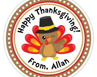 Cute Turkey Pilgrim Stickers, CUSTOM Thanksgiving Labels, Thanksgiving Treat Stickers, Thanksgiving Favors, Turkey Stickers, 2.5 inch round