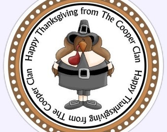 Custom Happy Thanksgiving Stickers, Thanksgiving Holiday Labels, Customized Turkey Stickers, Personalized Turkey Pilgrim Labels, 2.5 in