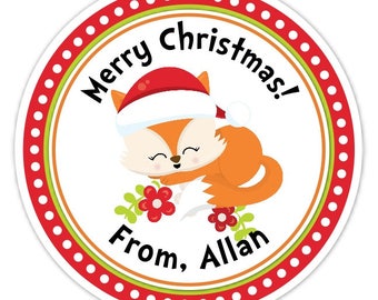 Cute Fox Stickers, CUSTOM Christmas Labels, Holiday Treat Stickers, Christmas Favors - 2.5 inch round