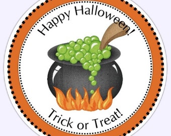 Happy Halloween Labels, Witch's Brew Stickers, Halloween Treat Stickers, Trick or Treat Favors, Party Favor, Candy Label, 2.5 inch round