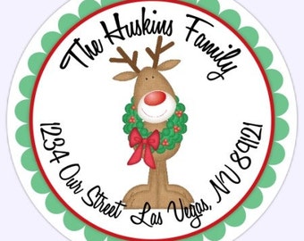 Custom Holiday Round Address Labels, Stickers - 2.5 inch round - Personalized for YOU, Reindeer Address Stickers, Christmas Address Labels