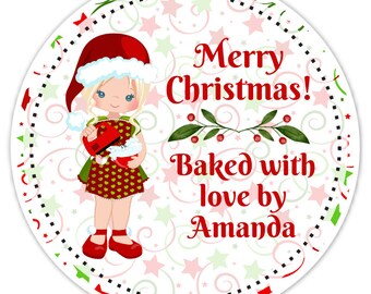 36 Custom Stickers, Merry Christmas Baked With Love Stickers, Made for You, Baking Stickers, Cute Girl with Blonde Hair - 2.5 inch