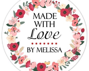 36 Made With Love Custom Labels, Floral Stickers - 2.5 inch round - Personalized for YOU