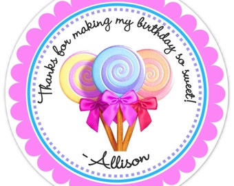 36 Lollipop Birthday Labels, Candy Land Lollipop Stickers