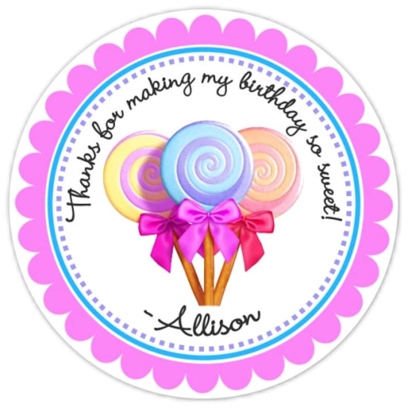 36 Lollipop Birthday Labels, Candy Land Lollipop Stickers image 1
