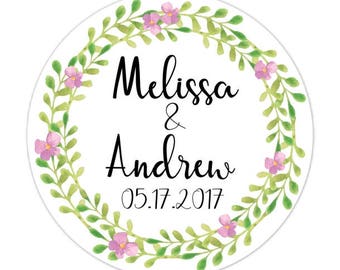 Custom Wedding Stickers, Pink and Green Vine Labels, Wedding Shower Label, 2.5 inch round, Bridal Shower,Green Vine Pink Flowers (60 count)