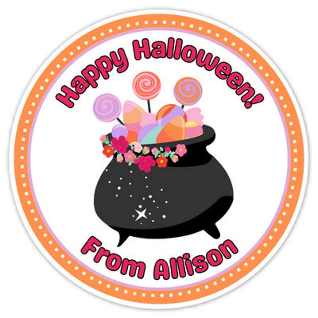 Cute Halloween Labels, Cauldron With Halloween Candy Stickers, Perfect ...