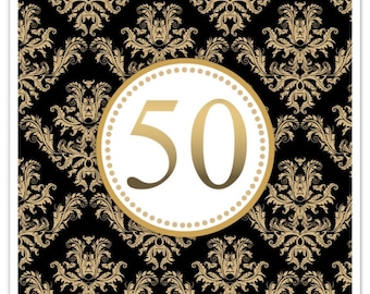 50th Wedding Anniversary Stickers, Square Damask  Anniversary Stickers, 2 inch SQUARE - Gold and Black Damask, 50th Anniversary Favors