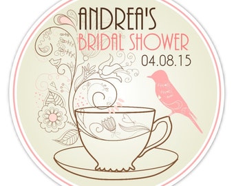 60 Custom Wedding Shower Stickers, Tea Cup Bridal Shower Labels, 2.5 inch round, Wedding Shower Favor, Bridal Shower Favor