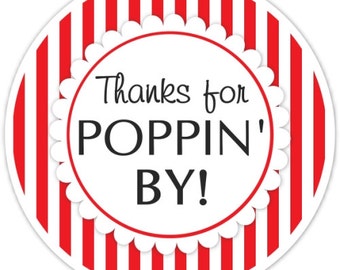 Baby Shower Thanks for Poppin By labels, Red Stripes, Thanks for Popping By Stickers, Baby Shower Labels