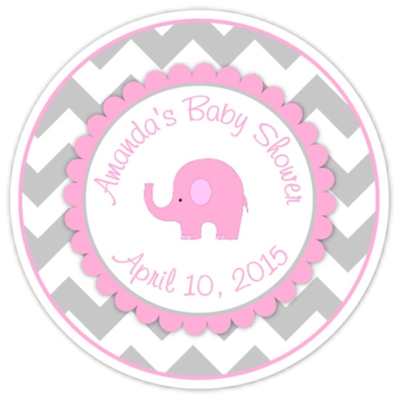 36 Mod Elephant Baby Shower Stickers Pink And Gray Chevron Labels