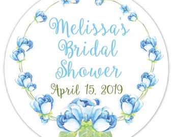 60 Custom Wedding Stickers, Floral Bridal Shower Labels, Stickers, Wedding Shower, Bridal Shower Favor, Light Blue Floral