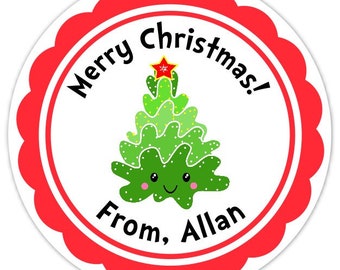 Cute Kawaii Christmas Tree Stickers, CUSTOM Christmas Labels, Holiday Treat Stickers, Christmas Favors - 2.5 inch round