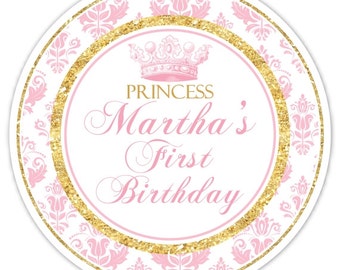 40 Princess Birthday Labels, Custom 1st Birthday Labels, 1st Birthday Stickers, Pink Damask, Gold Glitter First Birthday, 2 inch round