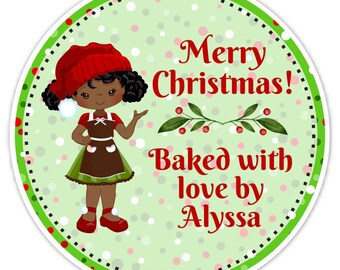 36 Custom Stickers, Merry Christmas Baked With Love Stickers, Made for You, Baking Stickers, Cute Girl with Black Hair - 2.5 inch