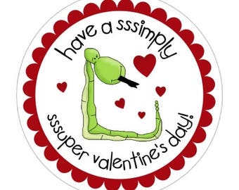 Valentine's Day Labels, Cute Snake Valentine's Day Stickers - 2.5 inch round