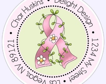 Custom Address Labels, Breast Cancer Labels, Pink Ribbon Personalized Stickers - 2.5 inch round