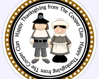 Custom Thanksgiving Stickers, Thanksgiving Holiday Labels, Happy Thanksgiving Sticker, Pilgrim Stickers, Thanksgiving Favors, 2.5 inch round