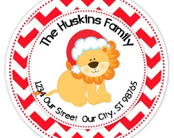 Custom Christmas Stickers, Holiday Stickers, Round Address Labels, Cute Xmas Lion Address Stickers, Christmas Address Labels, 2.5 inch round