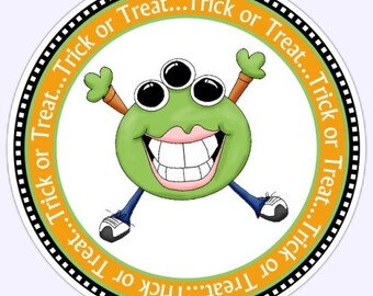 Trick or Treat Halloween Labels, Trick or Treat Monster Stickers, Halloween Treat Stickers, Halloween Favors, Monster Labels, 2.5 inch round