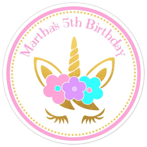 Gold and Pink Unicorn Birthday Labels, Pink, Purple and Aqua Flowers, Unicorn Stickers, Birthday Decoration, Unicorn Party Favors