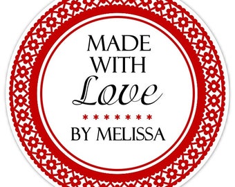 Made With Love Custom Labels, Red Border Floral Stickers - 2.5 inch round - Personalized for YOU