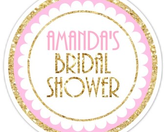 60 Custom Wedding Stickers, Gold Glitter and Pink Bridal Shower Stickers, 2.5 inch round, Wedding Shower, Bridal Shower Gold Glitter Print