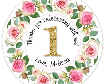 Custom 1st Birthday Labels, 1st Birthday Stickers -  Shabby Chic Pink Floral and Gold Glitter First Birthday, Personalized for you