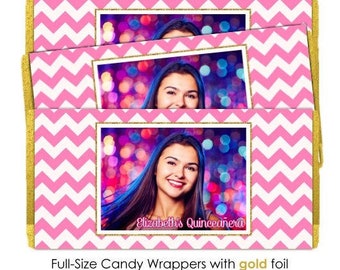 50 Quinceneara Candy Wrappers, Pink Chevron with Gold Glitter Print, Candy Wrappers, Sweet 16 Birthday, fit over 1.55 oz chocolate bars