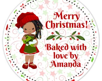 36 Custom Stickers, Merry Christmas Baked With Love Stickers, Made for You, Baking Stickers, Cute Girl with Black Hair Dreds - 2.5 inch