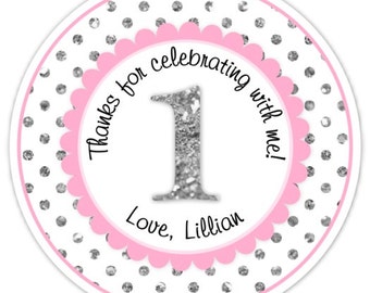 Custom 1st Birthday Labels, 1st Birthday Stickers -  Pink and Silver Glitter Polka Dots First Birthday, Personalized for you