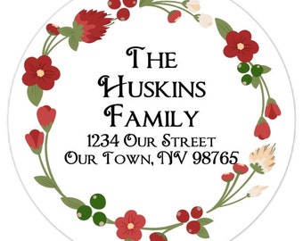 Christmas Stickers, Custom Christmas Address Labels, Floral Design -  2.5 inch round - Holiday Stickers Personalized for YOU