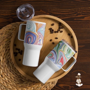 Travel Mug with Handle - Colorful Abstract Ornaments, Insulated Coffee Cup, Perfect for On-the-Go, Unique Gift for Travelers