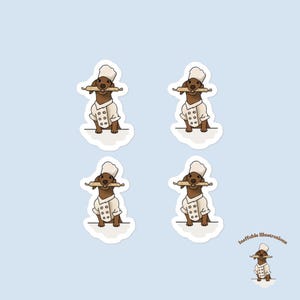 Juego de pegatinas de chef Dachshund / 4 pegatinas duraderas y sin burbujas para amantes de los perros para portátiles, cuadernos y equipaje / Ilustradas a mano